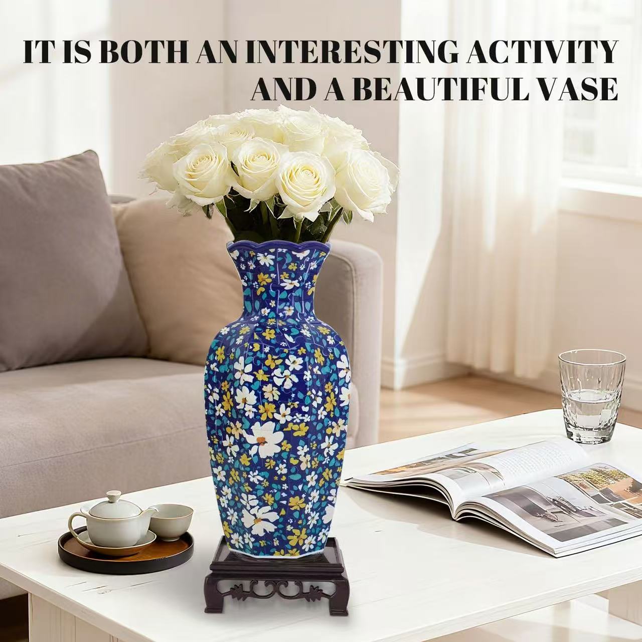 3D Blue White Floral Wavy-Shaped Neck Long Vase Jigsaw Puzzle (164 Pieces) - Giftroza