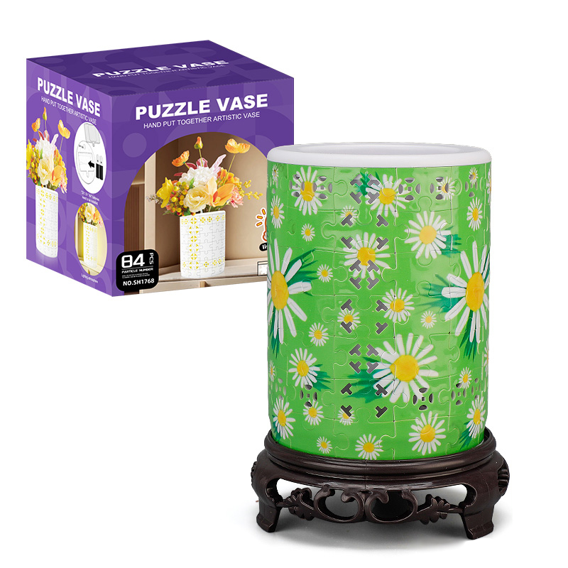 3D Green World Of Daisies Style LED Lights Skeleton Puzzle Cylinder Vase - (84 Pieces)💡 - Giftroza