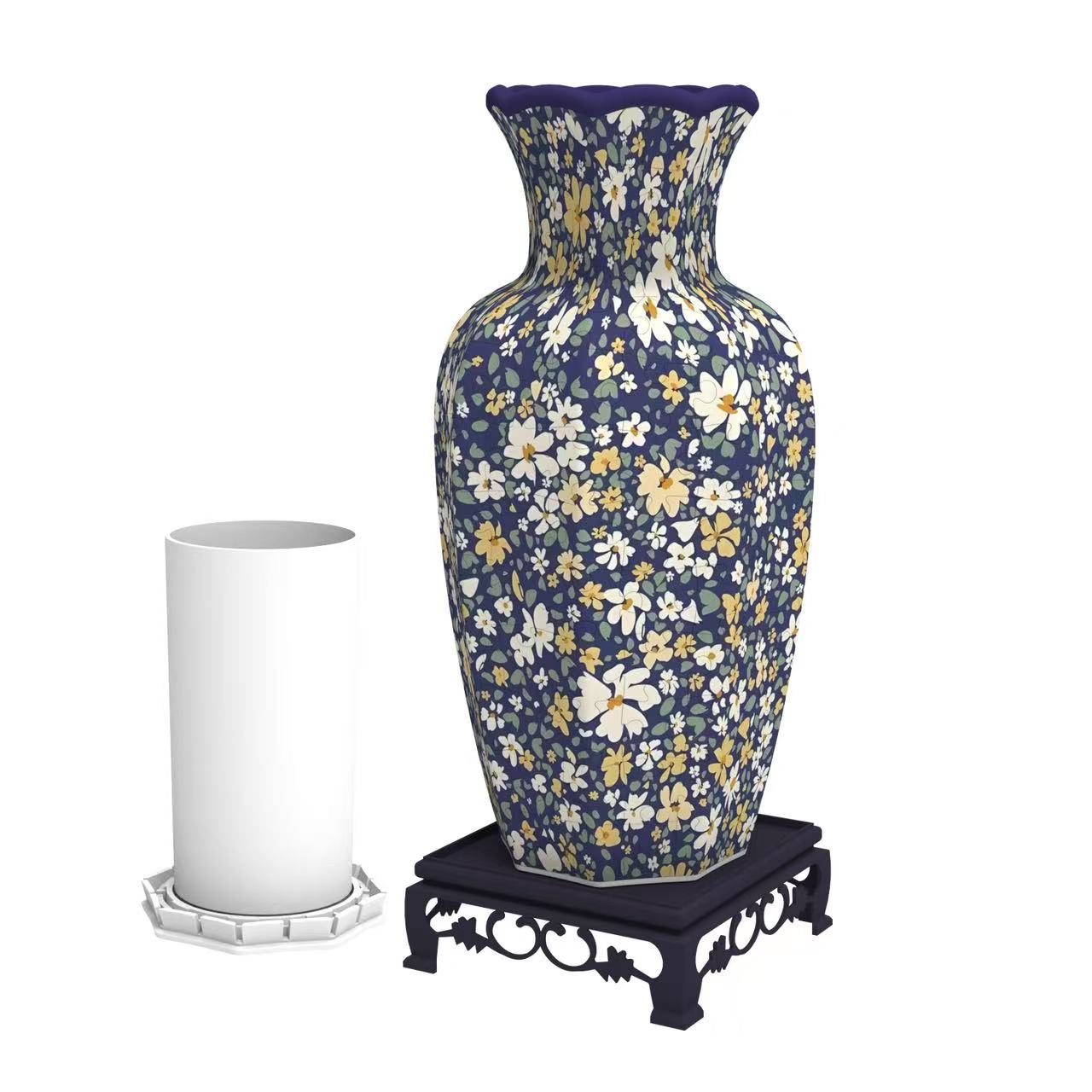 3D Blue White Floral Wavy-Shaped Neck Long Vase Jigsaw Puzzle (164 Pieces) - Giftroza