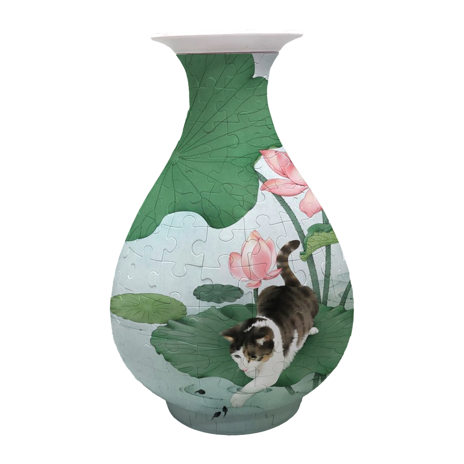 3D Cat Playing In Lotus Pond Series Puzzle Round Belly Vase - (162 Pieces) - Giftroza