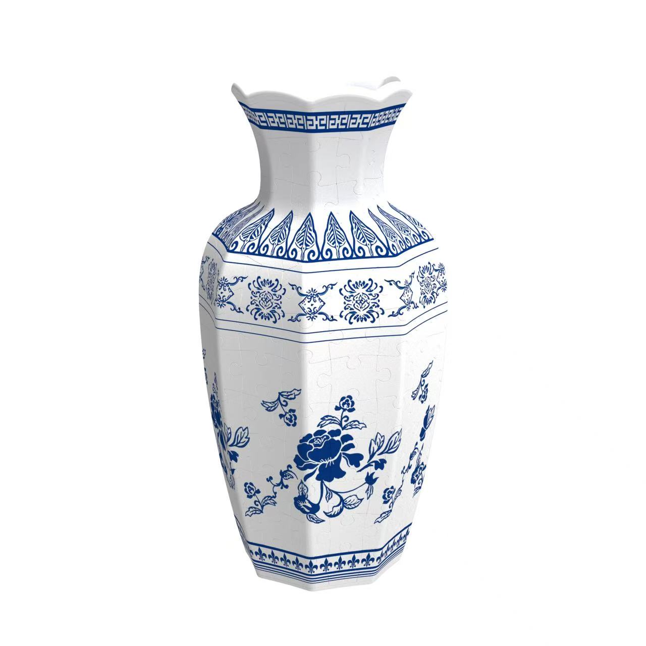 3D Blue White Orchid Vintage Floral Wavy-Shaped Neck Long Vase Jigsaw Puzzle (164 Pieces) - Giftroza
