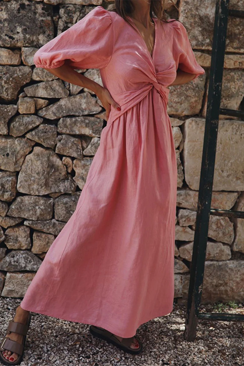 Casual Simplicity Solid V Neck Short Sleeve Dress Dresses(3 Colors) - Binfenxie