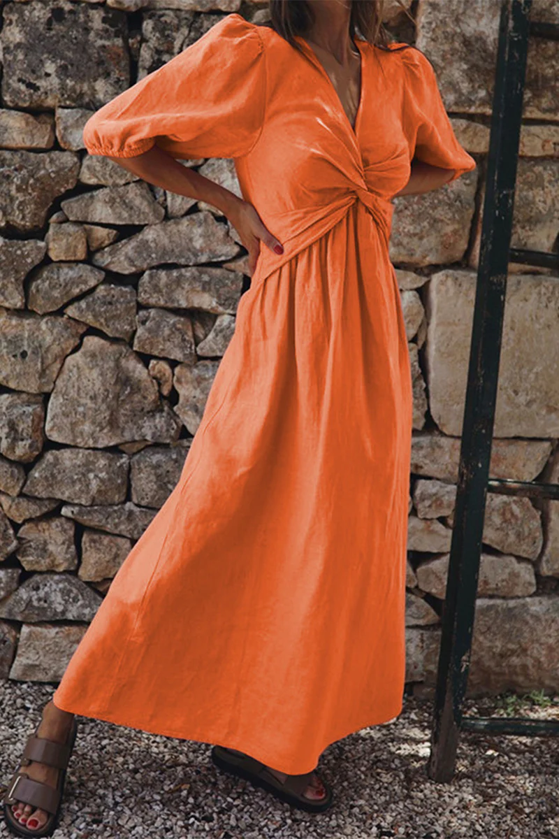Casual Simplicity Solid V Neck Short Sleeve Dress Dresses(3 Colors) - Binfenxie