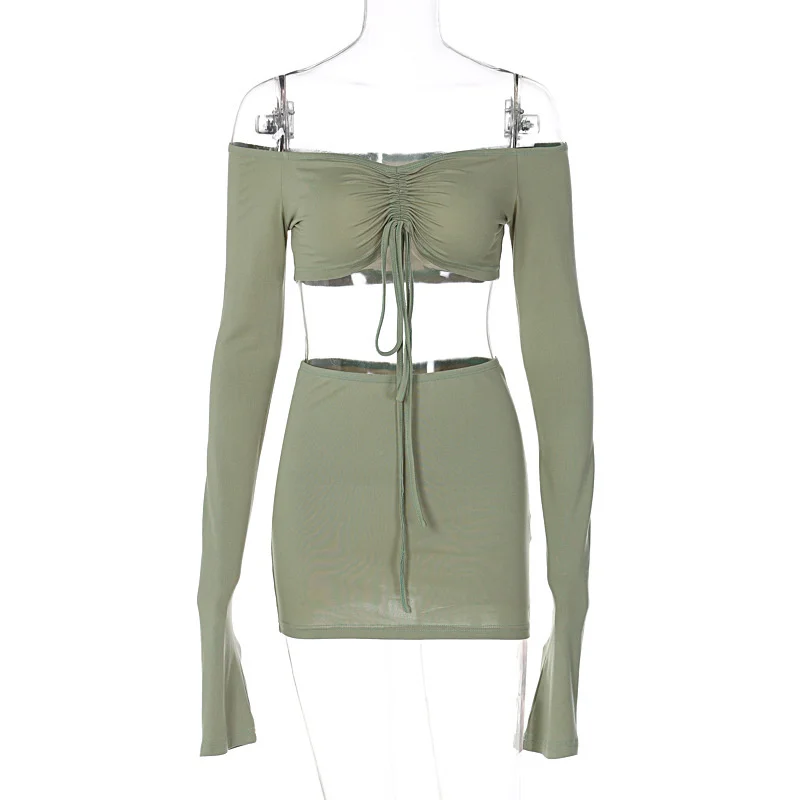 Sexy Two Piece Set Women Outfit Green Strapless Full Sleeve Crop Top And Mini Skirt Matching Sets Female Dress Set - Binfenxie