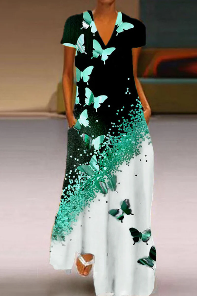 Casual Butterfly Print Patchwork V Neck Straight Dresses(5 colors) - Binfenxie