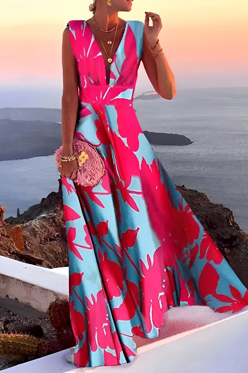 Casual Print Patchwork V Neck Cake Skirt Dresses(5 Colors) - Binfenxie