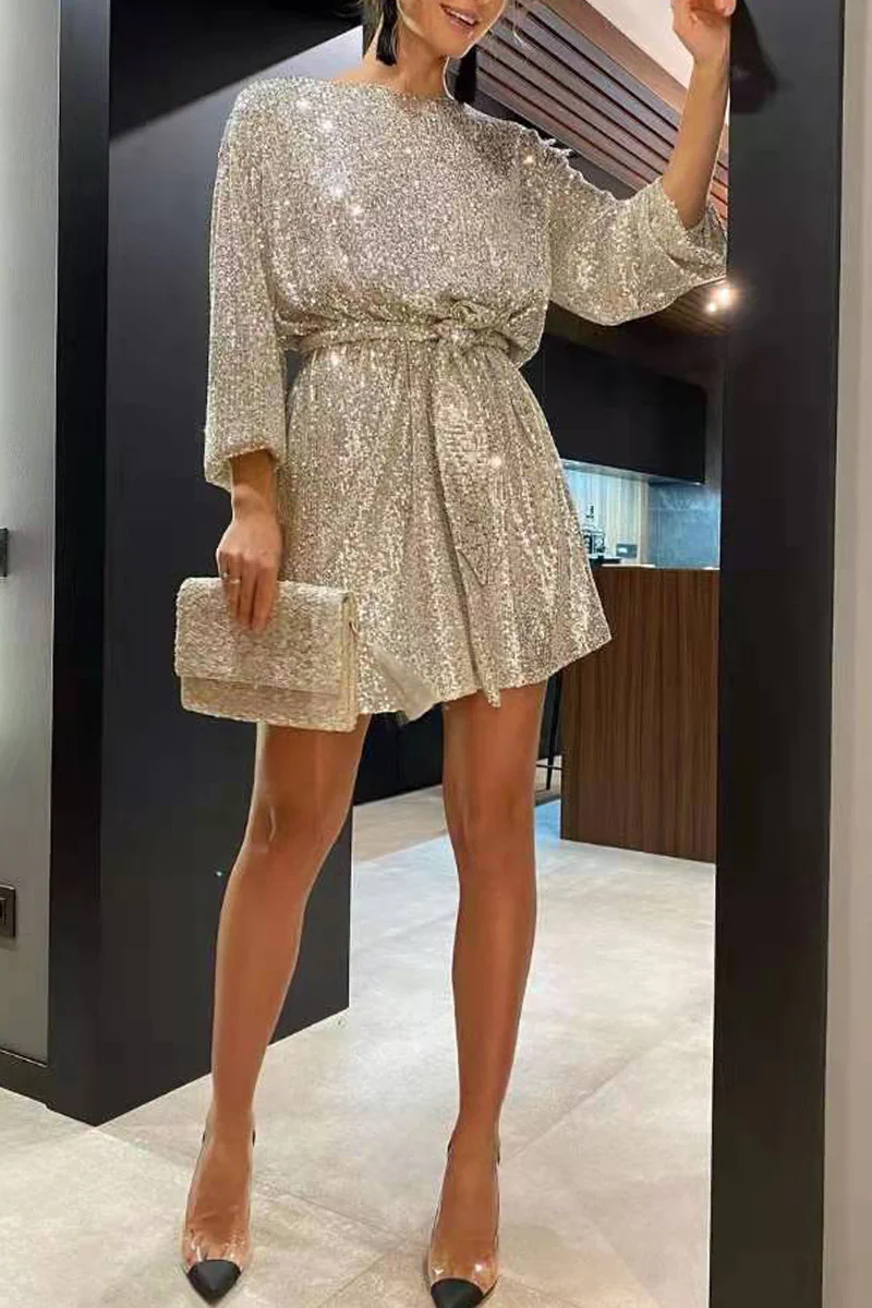 Sexy Solid Sequins Off the Shoulder Waist Skirt Dresses(7 Colors) - Binfenxie