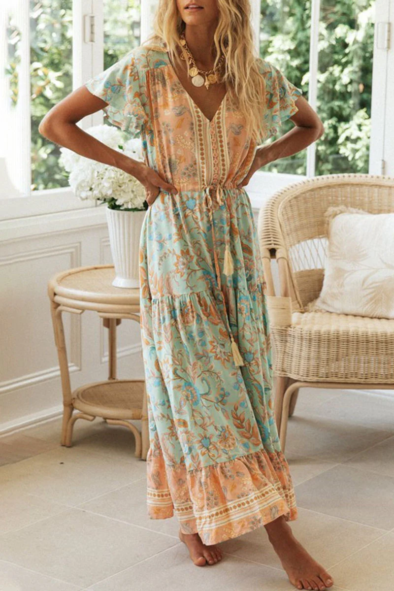 Fashion Vacation Print Patchwork V Neck Printed Dresses - Binfenxie