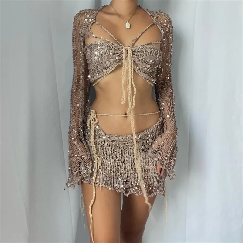 Crochet Knitted Dress Two Piece Skirt Sets Summer Women Clothes Sexy Crop Tops Elegant Knit Sequin Dress 3 Piece Set Outfit - Binfenxie