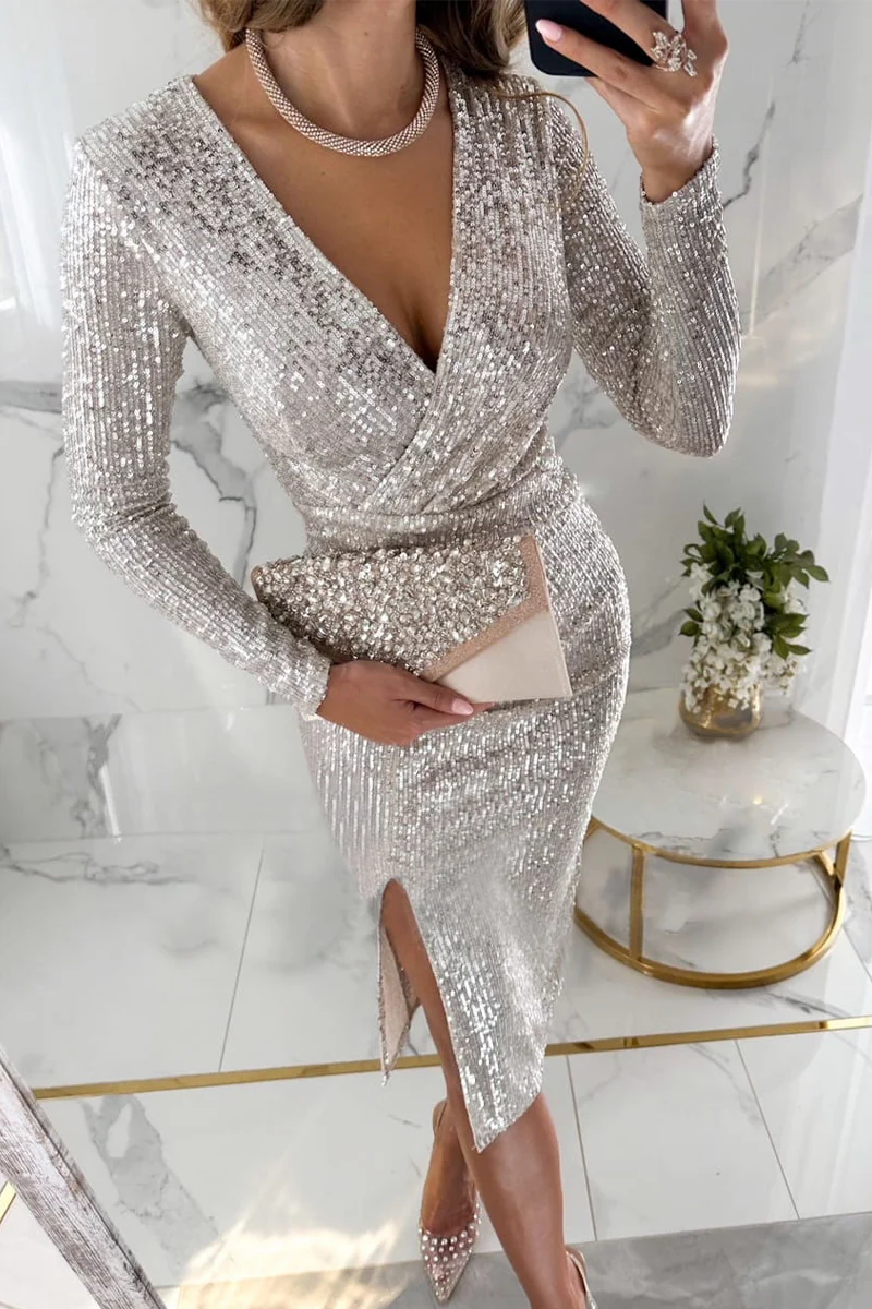 Sexy Solid Sequins Slit V Neck A Line Dresses(3 Colors) - Binfenxie