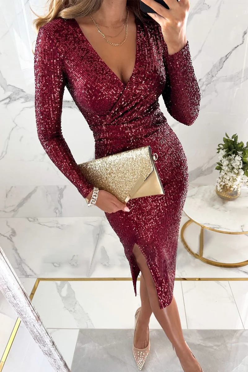 Sexy Solid Sequins Slit V Neck A Line Dresses(3 Colors) - Binfenxie