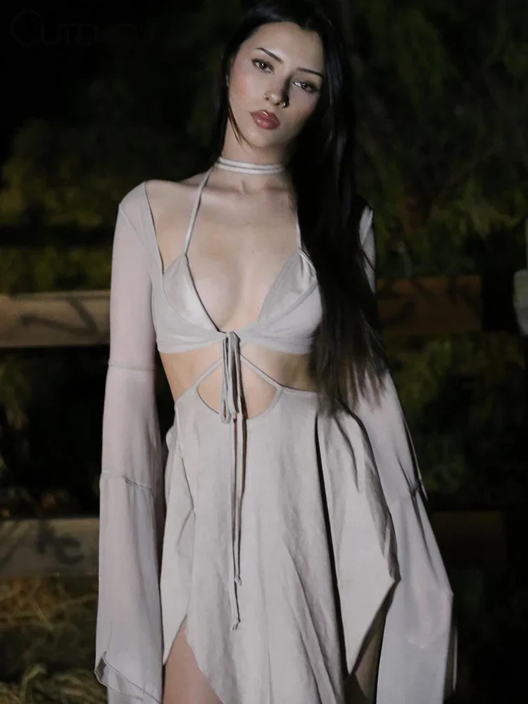 Women's Mesh Two Piece Set Sexy Long Sleeve Lace-up Outer Wear Top+Halter Skinny Hollow Out Lady Dress Suit New Outfit - Binfenxie