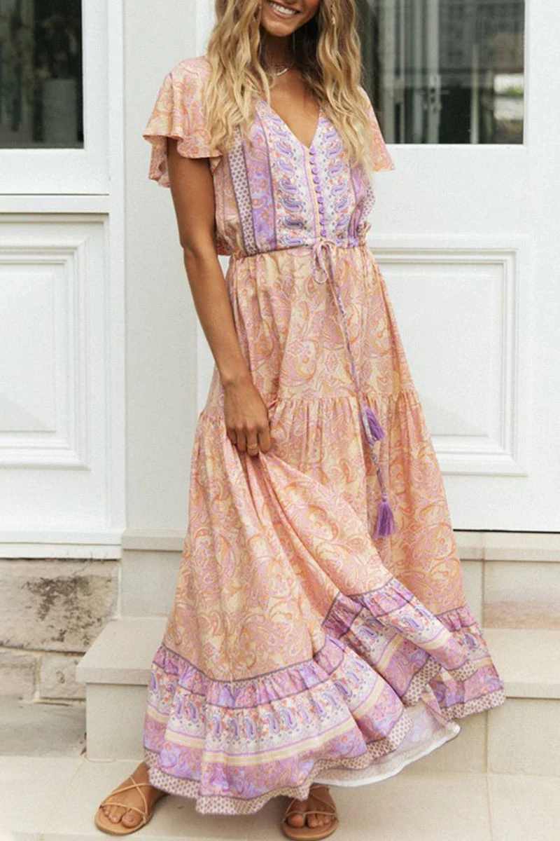 Fashion Vacation Print Patchwork V Neck Printed Dresses - Binfenxie