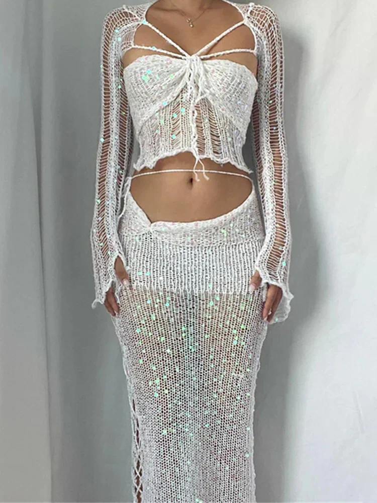 Crochet Knitted Dress Two Piece Skirt Sets Summer Women Clothes Sexy Crop Tops Elegant Knit Sequin Dress 3 Piece Set Outfit - Binfenxie