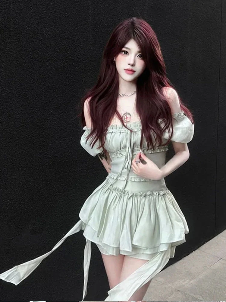 New In Dresses Green White Two-piece Fairy Dress korean Fashion Pleated High Waist bodycon Sexy Summer Dress Women - Binfenxie