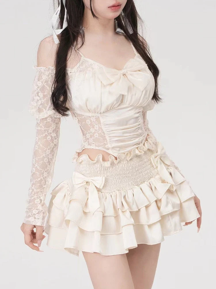 binfenxie Summer Vintage France Two Piece Set Women Lace Sweet Elegant Cake Skirt Suit Female Retro Bow Blouse + Korea Mini Skirt - Binfenxie
