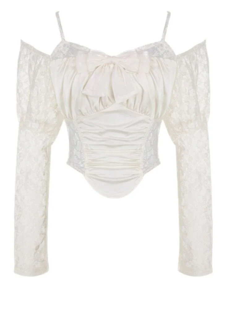 binfenxie Summer Vintage France Two Piece Set Women Lace Sweet Elegant Cake Skirt Suit Female Retro Bow Blouse + Korea Mini Skirt - Binfenxie