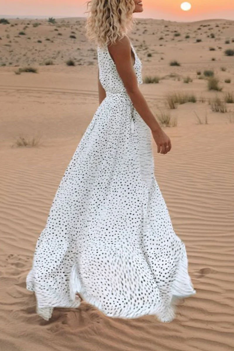 Florcoo V Neck Dot Printed Floor Length Dress(3 Colors) - Binfenxie