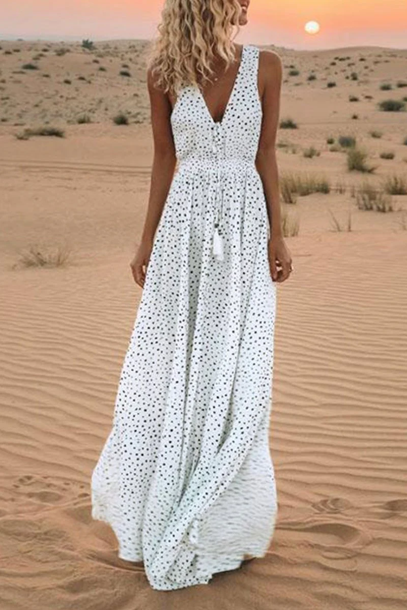 Florcoo V Neck Dot Printed Floor Length Dress(3 Colors) - Binfenxie