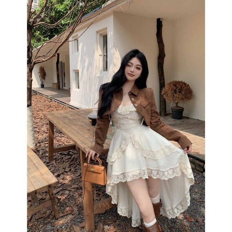 binfenxie 2000s fashion Pure Desire Temperament Sling Dress Women's Early Autumn Popular Suit Retro Motorcycle Short Coat Two-Piece Set - Binfenxie