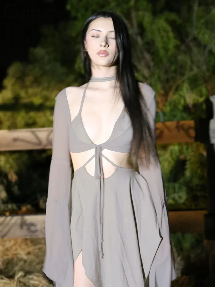 Women's Mesh Two Piece Set Sexy Long Sleeve Lace-up Outer Wear Top+Halter Skinny Hollow Out Lady Dress Suit New Outfit - Binfenxie