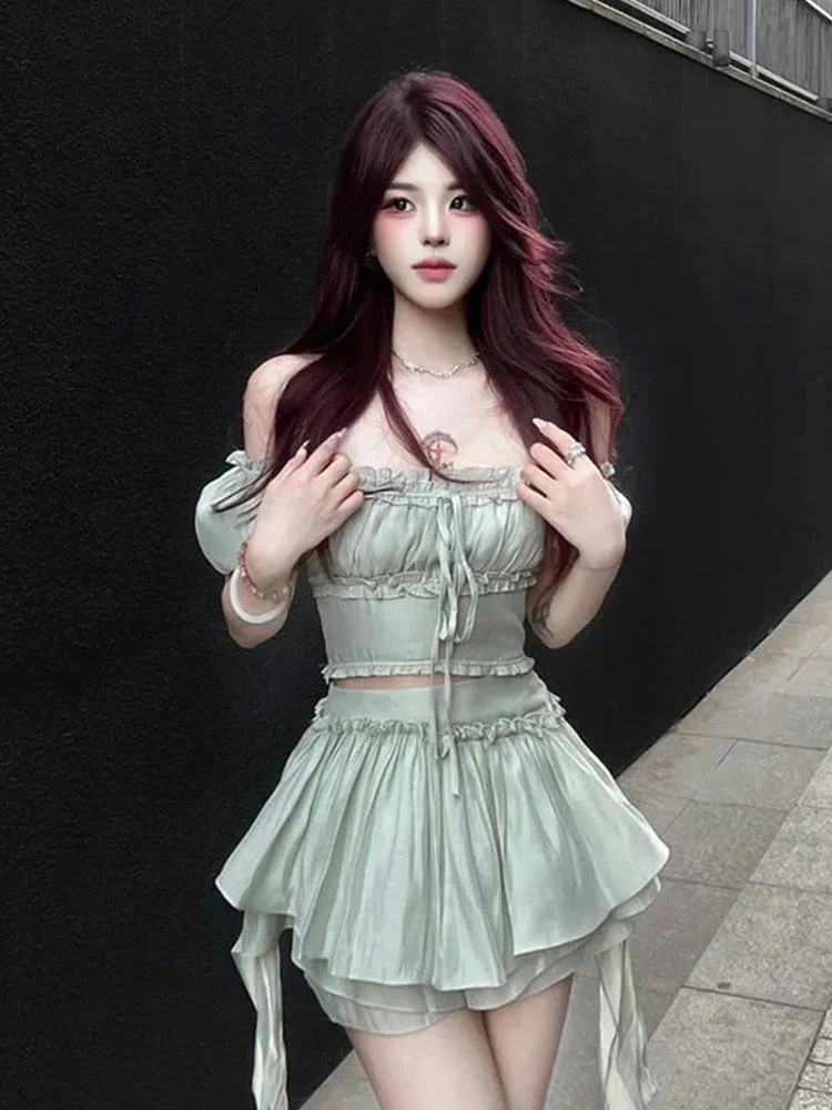 New In Dresses Green White Two-piece Fairy Dress korean Fashion Pleated High Waist bodycon Sexy Summer Dress Women - Binfenxie