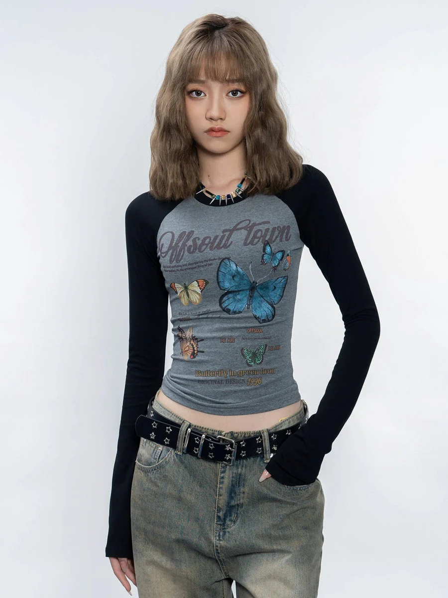 Butterfly Desin Short and Slim Fit long sleeve Top NA1990 - Binfenxie