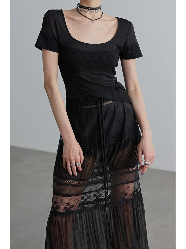 Patchwork Tube Top Sheer Short-sleeve T-shirt NA4266 - Binfenxie