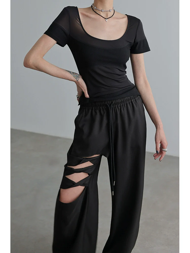 Patchwork Tube Top Sheer Short-sleeve T-shirt NA4266 - Binfenxie
