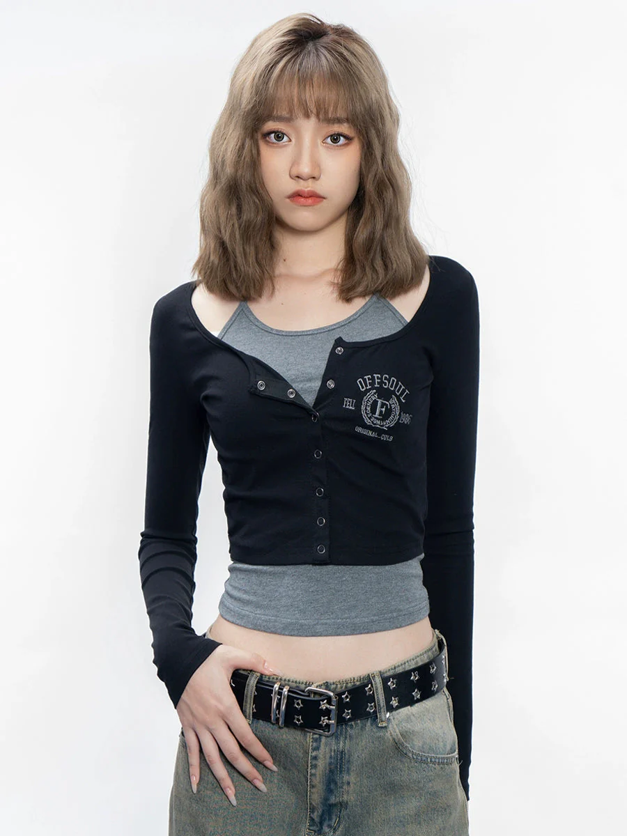 Slim Fake Two-Piece long sleeve Top NA1944 - Binfenxie