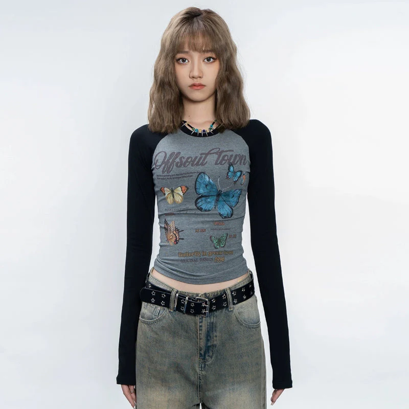 Butterfly Desin Short and Slim Fit long sleeve Top NA1990 - Binfenxie