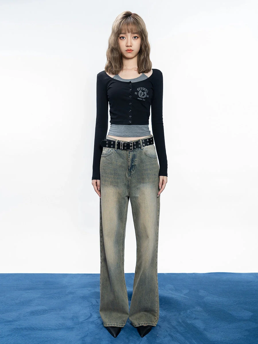 Slim Fake Two-Piece long sleeve Top NA1944 - Binfenxie
