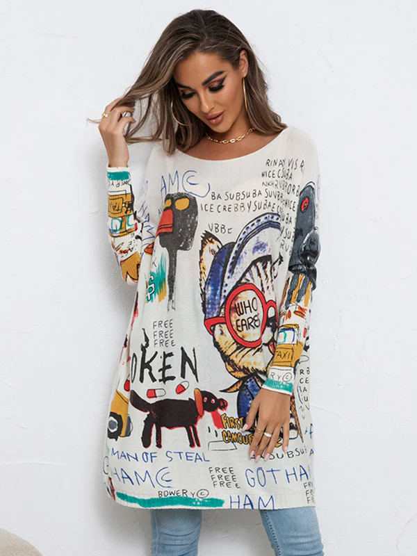xakxx Casual Long Sleeves Loose Cartoon Printed Contrast Color Round-Neck Sweater Tops