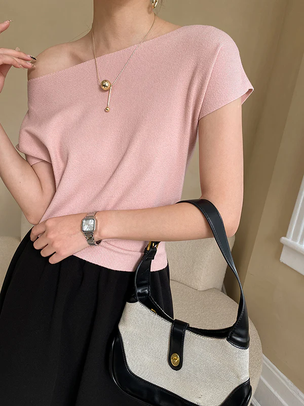 xakxx Stylish Loose Solid Color Boat Neck Knitwear Pullovers Tops