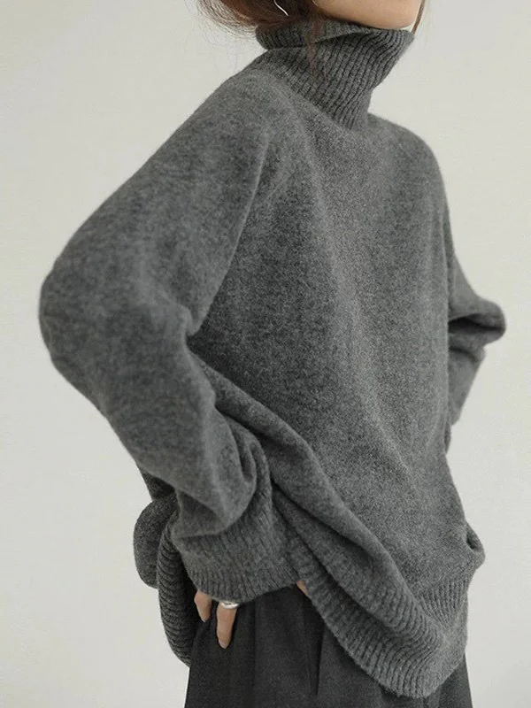 xakxx Casual Loose Long Sleeves Solid Color High-Neck Sweater Tops