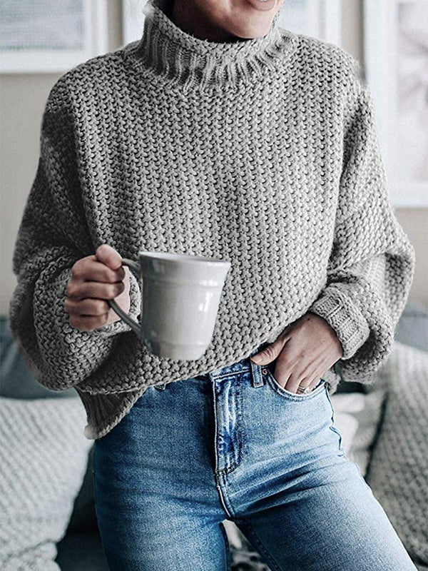xakxx Casual Long Sleeves Solid Color High-Neck Sweater Tops