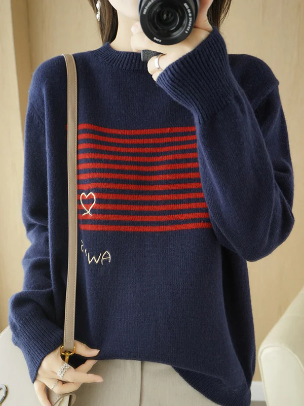 xakxx Casual Loose Long Sleeves Striped Round-Neck Sweater Tops