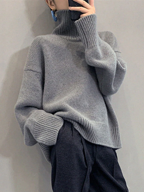 xakxx Casual Loose Long Sleeves Solid Color High-Neck Sweater Tops