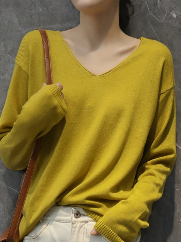 xakxx Simple Solid Color V-Neck Long Sleeve Knitwear Tops