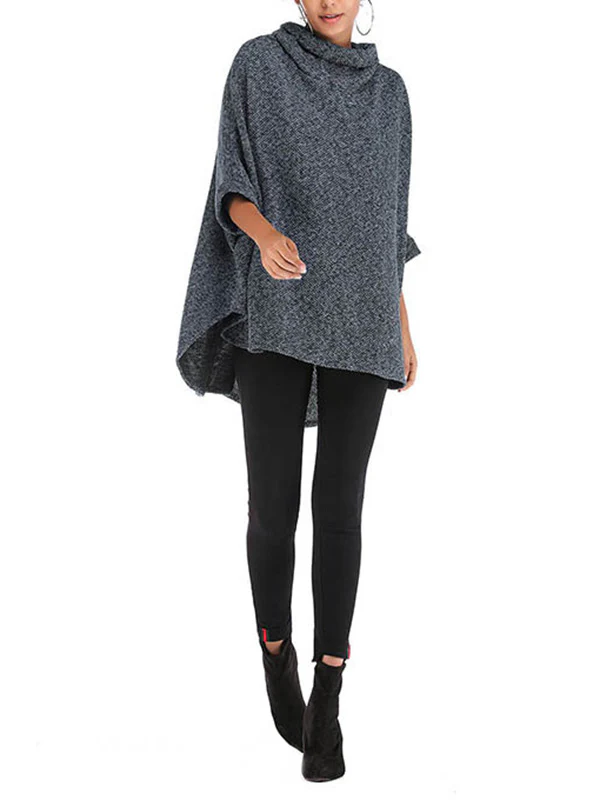 xakxx Batwing Sleeves High-Low Solid Color High Neck Knitwear Pullovers Sweater Tops