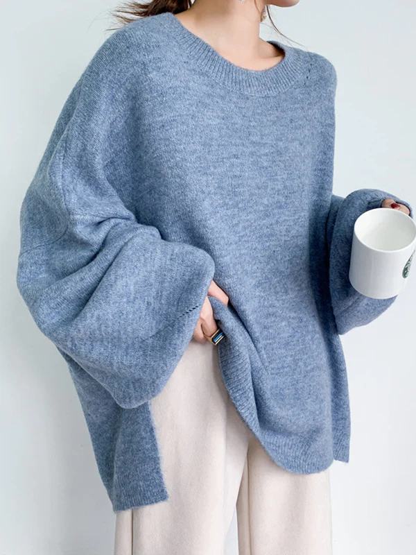 xakxx Stretch Mohair-Blend Balloon Sleeves Loose Solid Round-Neck Sweater Tops
