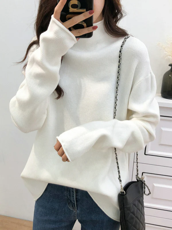 xakxx Casual Loose Long Sleeves Solid Color Half Turtleneck Sweater Tops