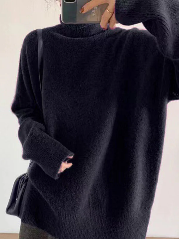 xakxx Casual Long Sleeves Loose Solid Color High-Neck Sweater Tops