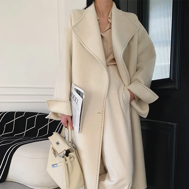 xakxx-New Women Simple Arch Needle Doulbe-sided Wool Coat Loose Long Lapel Lace-up Fashion Woolen Jacket Warm Outerwear Autumn Winter