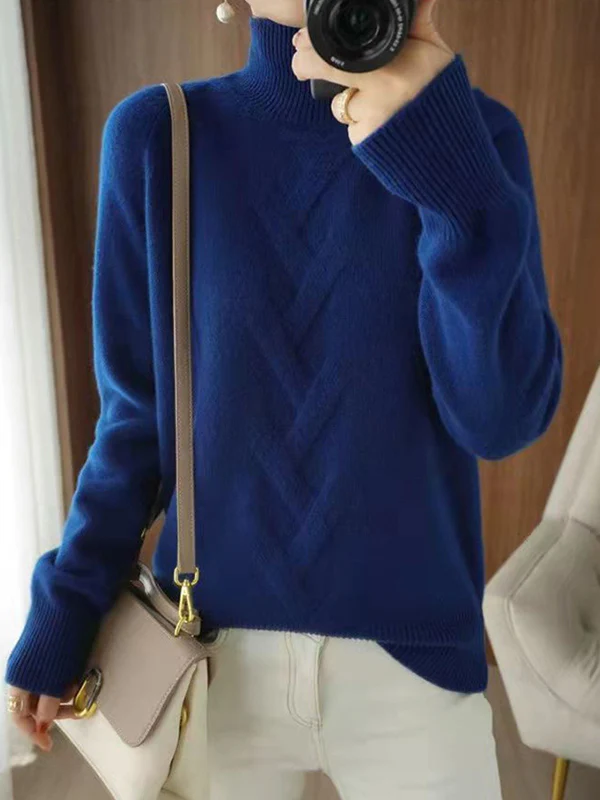 xakxx Casual Loose Long Sleeves Solid Color High-Neck Sweater Tops