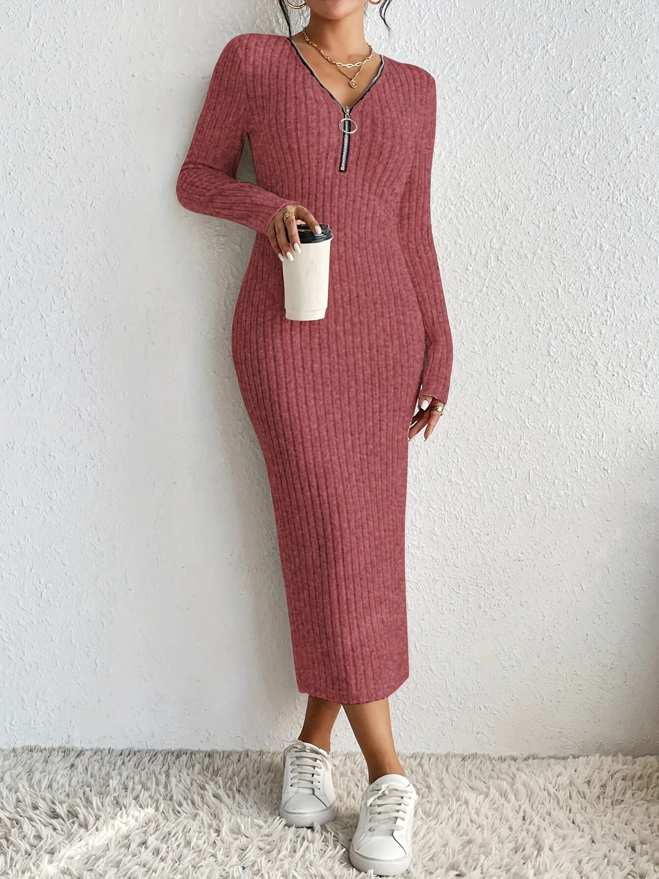 Elegant Spring/Fall V-Neck Pencil Dress - Comfortable Mid-Elastic Knit, Chic Zip-Up, Durable & Easy-Care