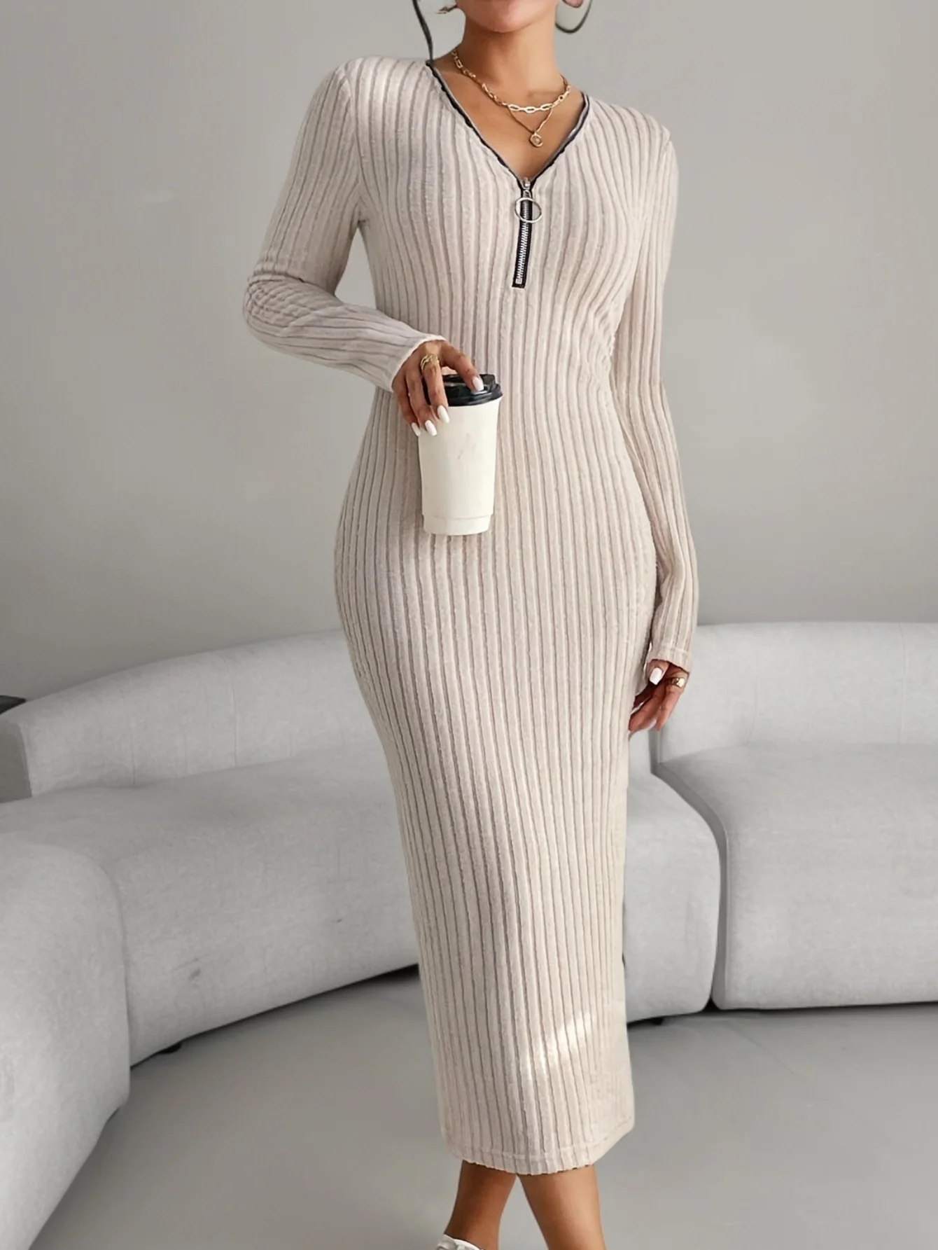 Elegant Spring/Fall V-Neck Pencil Dress - Comfortable Mid-Elastic Knit, Chic Zip-Up, Durable & Easy-Care