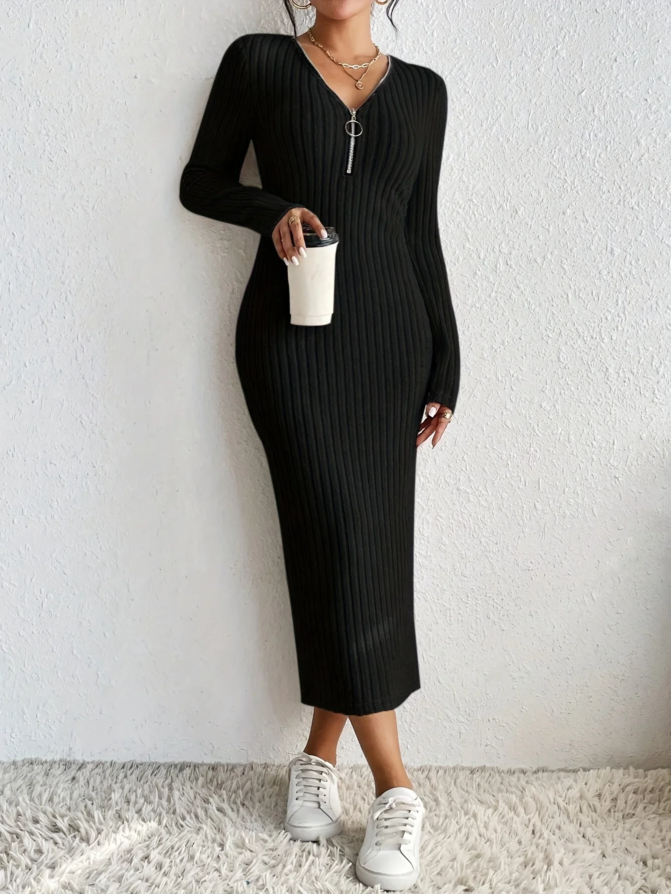 Elegant Spring/Fall V-Neck Pencil Dress - Comfortable Mid-Elastic Knit, Chic Zip-Up, Durable & Easy-Care